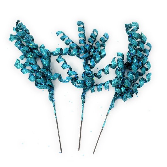 Turquoise Blue Glitter Spiral Picks Floral, Vase or Party Decor (Set of 3) - Picture 1 of 3